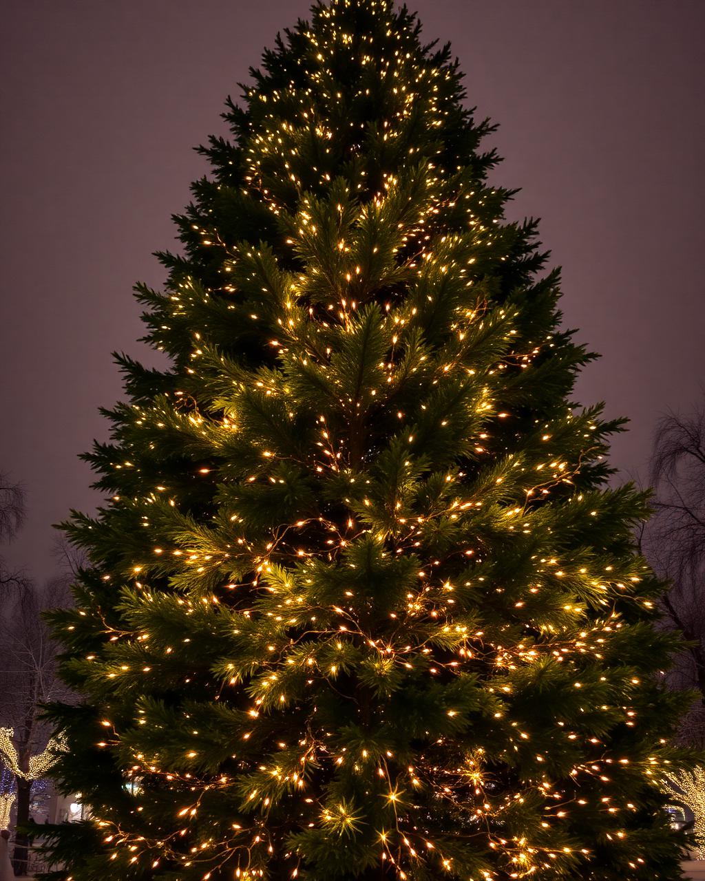 Evergreen tree wrapped in lights