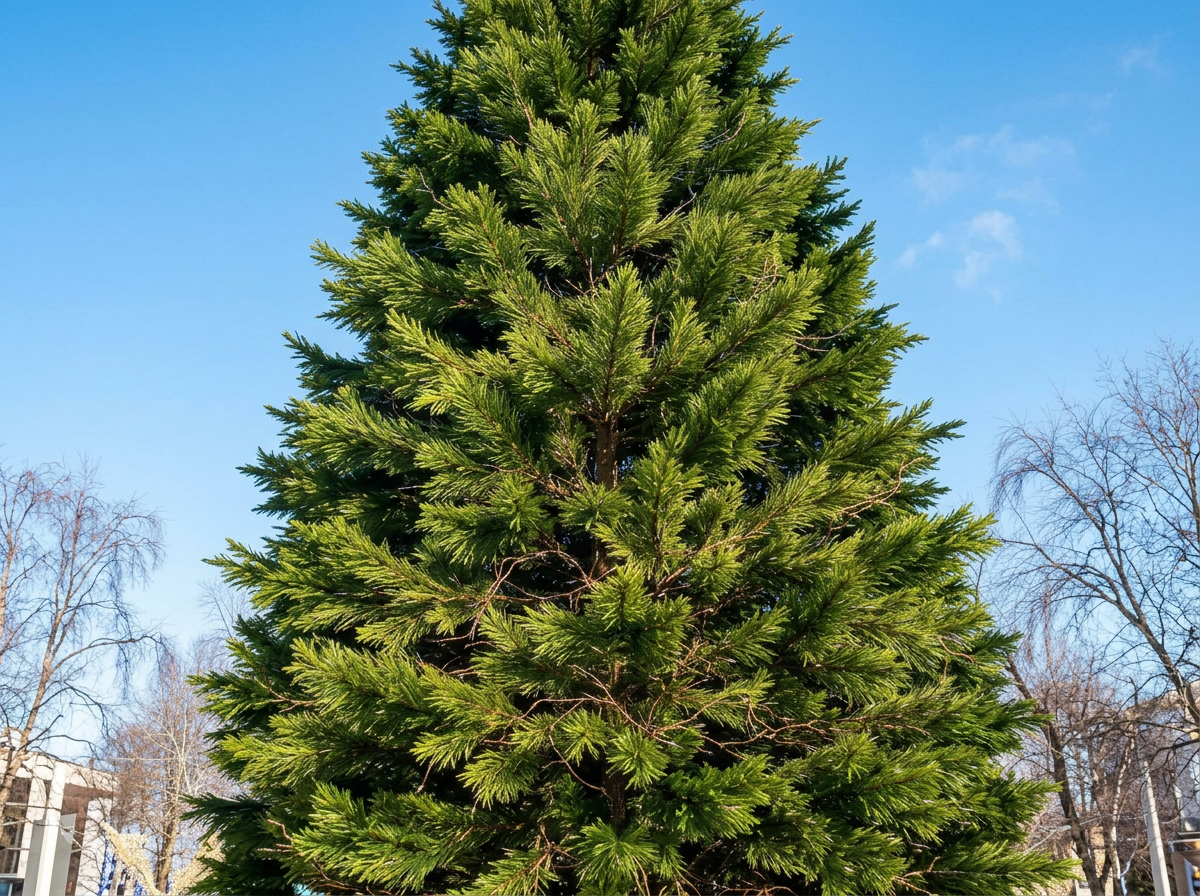 Evergreen tree wrapped in lights, before