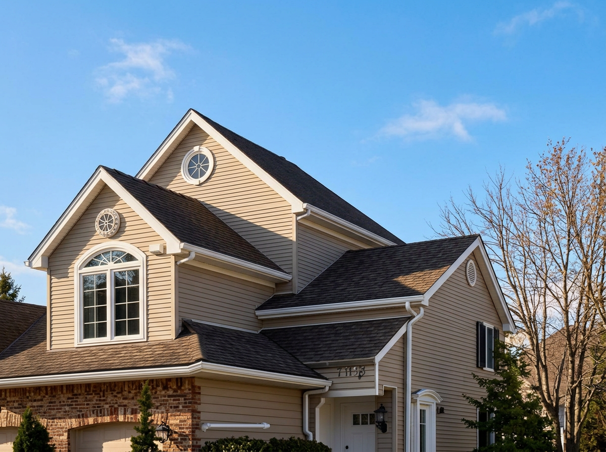 Two-story home with warm white roofline lights, before