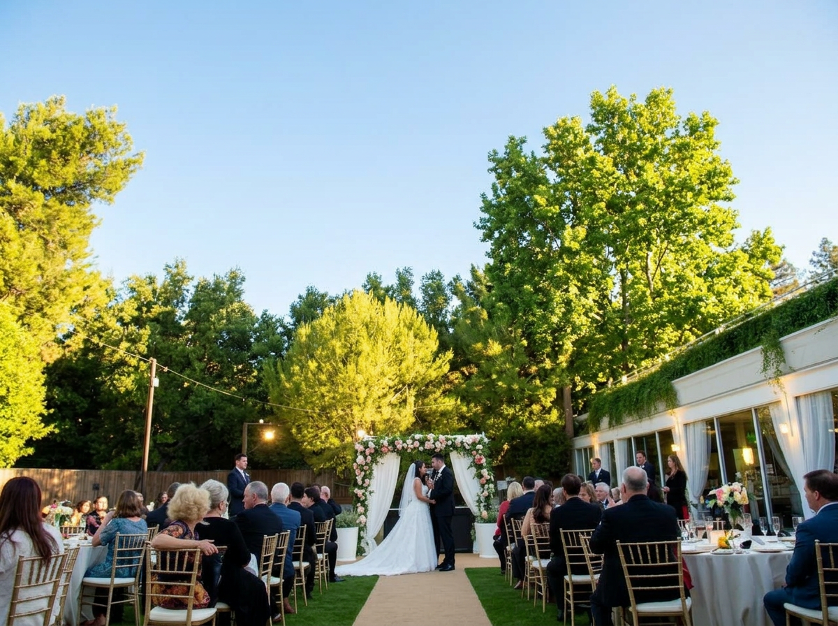 Outdoor wedding bistro lighting canopy, before