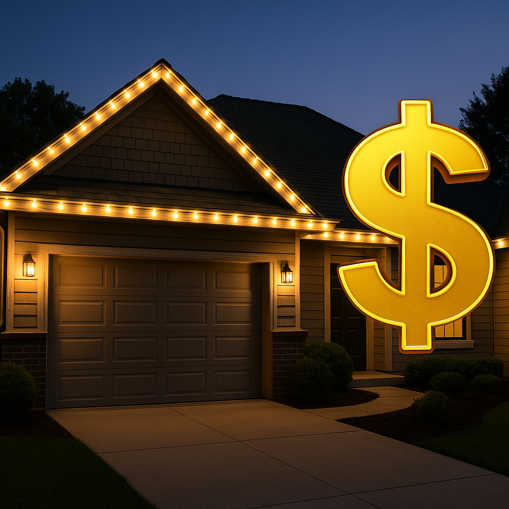 Holiday lights installed in a home with dollar sign
